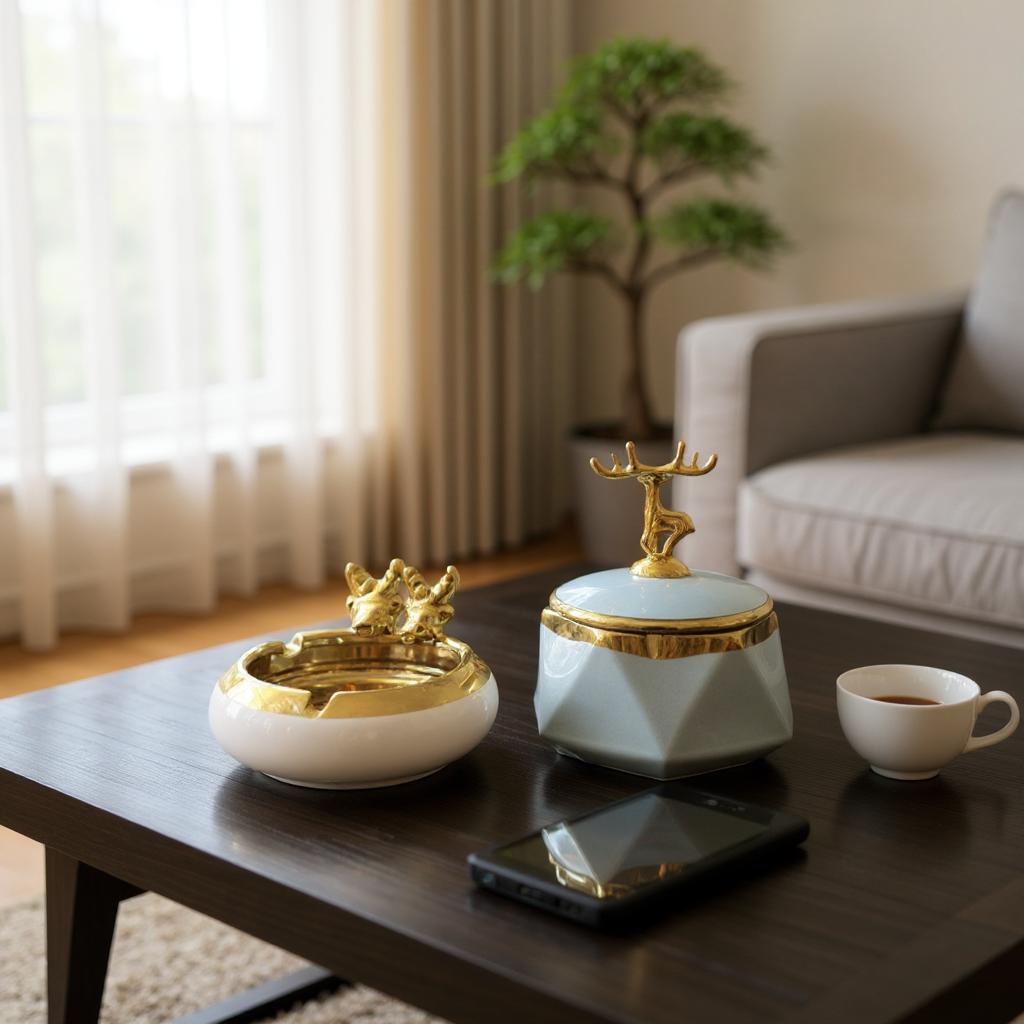 Ceramic Deer Lid Ashtray Set