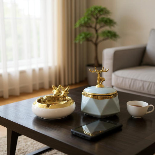 Ceramic Deer Lid Ashtray Set