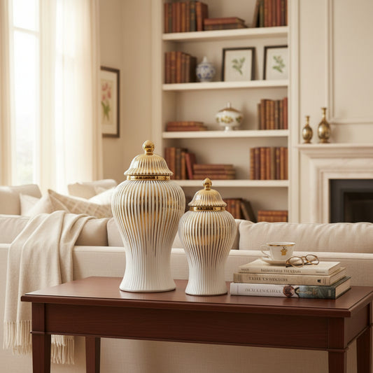 White & Gold Ceramic Ginger Jar with Vertical Stripes Set